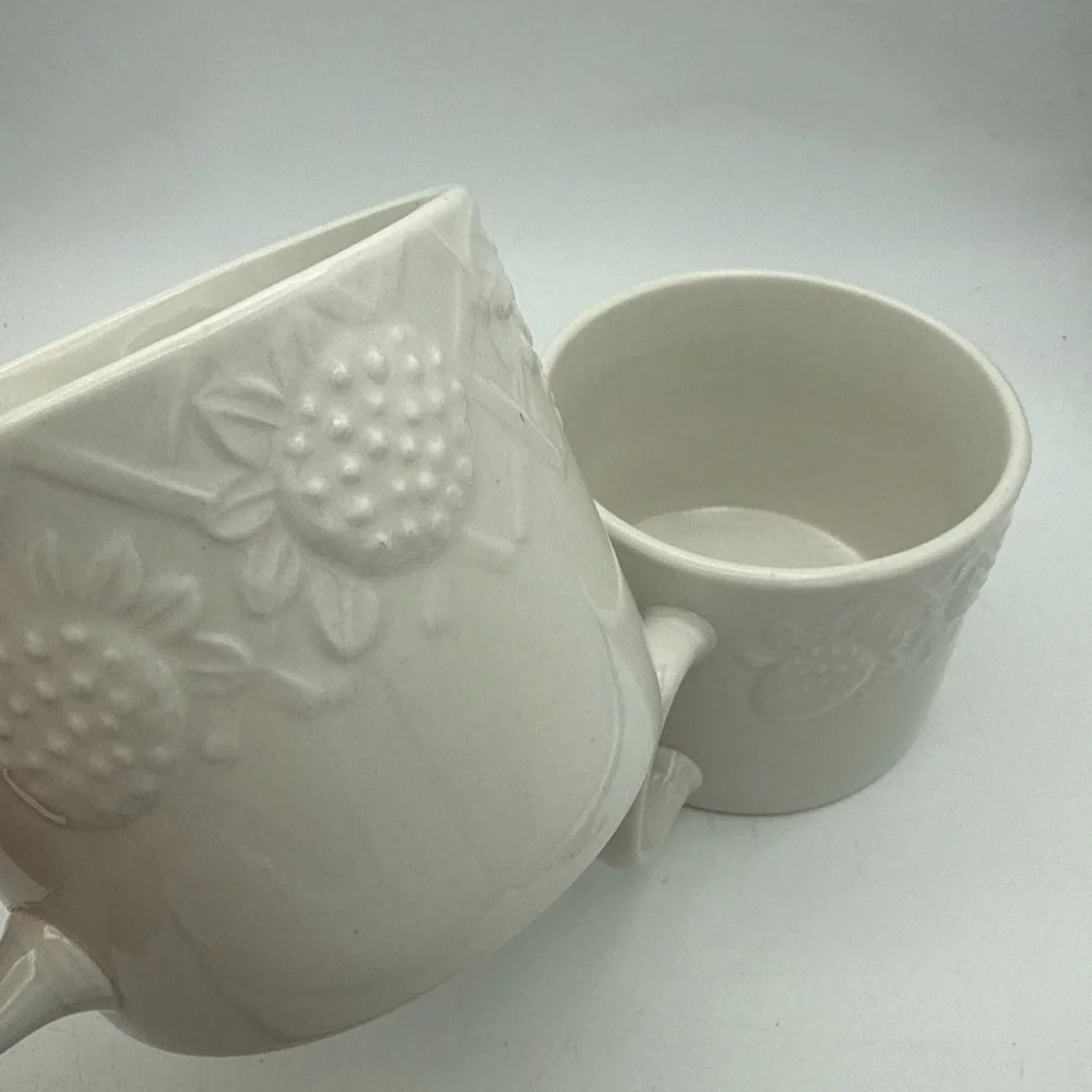 Pair Of Pier 1 Coffee Mugs White raised Fruit grape pears strawberries design